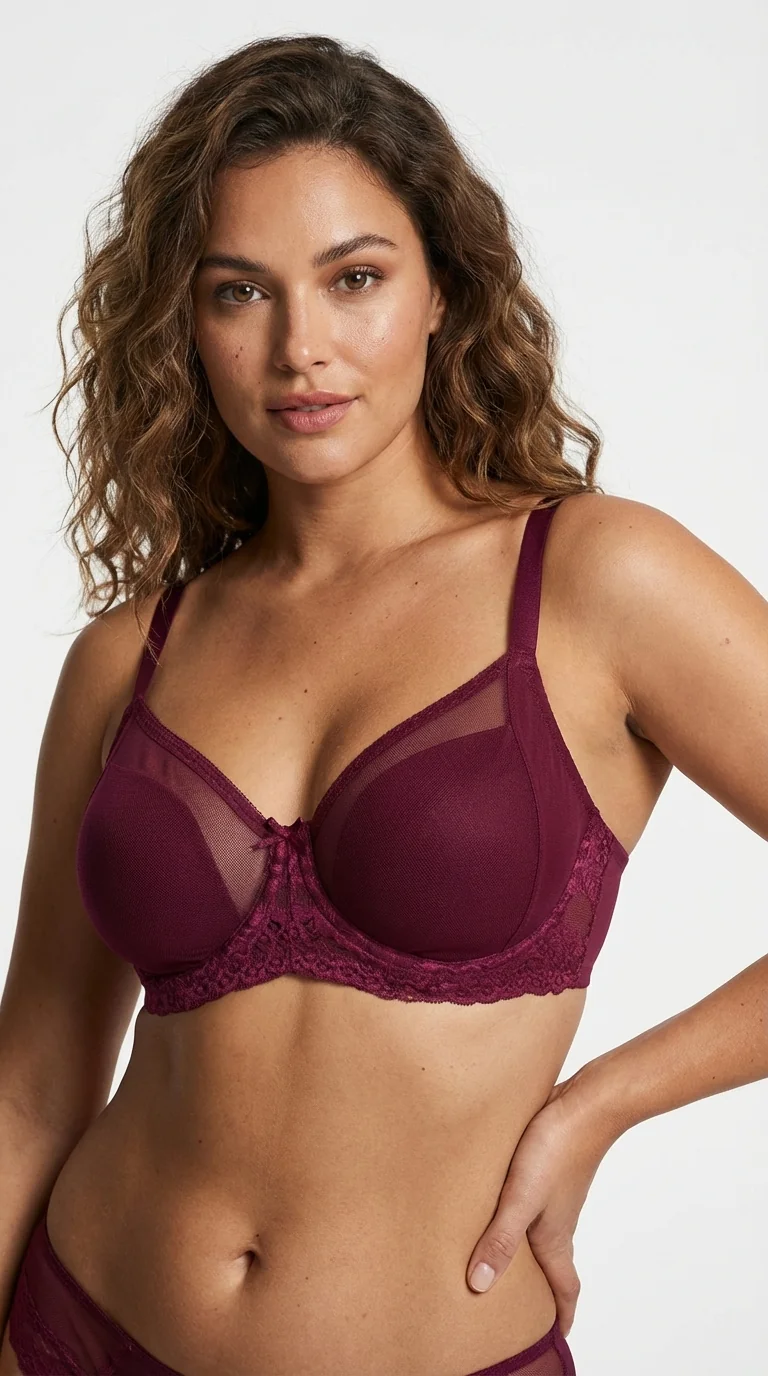 LunaIntim Bordo Desteksiz Toparlayıcı Sütyen Tül Detaylı Vişne Çürüğü Minimizer - Ön Görünüm